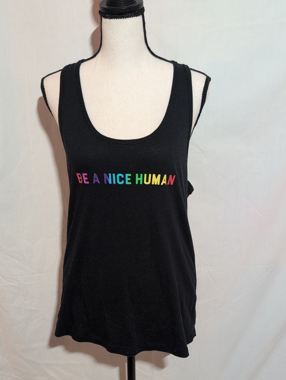 Be A Nice Human Black Tank Top - Rainbow Text